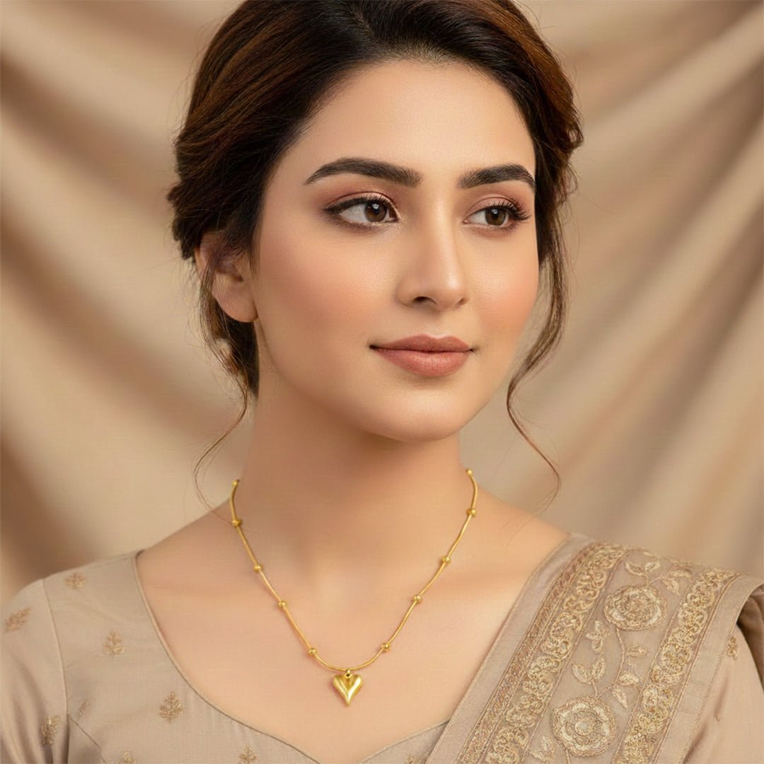 Gold Beaded Heart Necklace | Stainless Steel Anti - Tarnish Chain - Iryzo