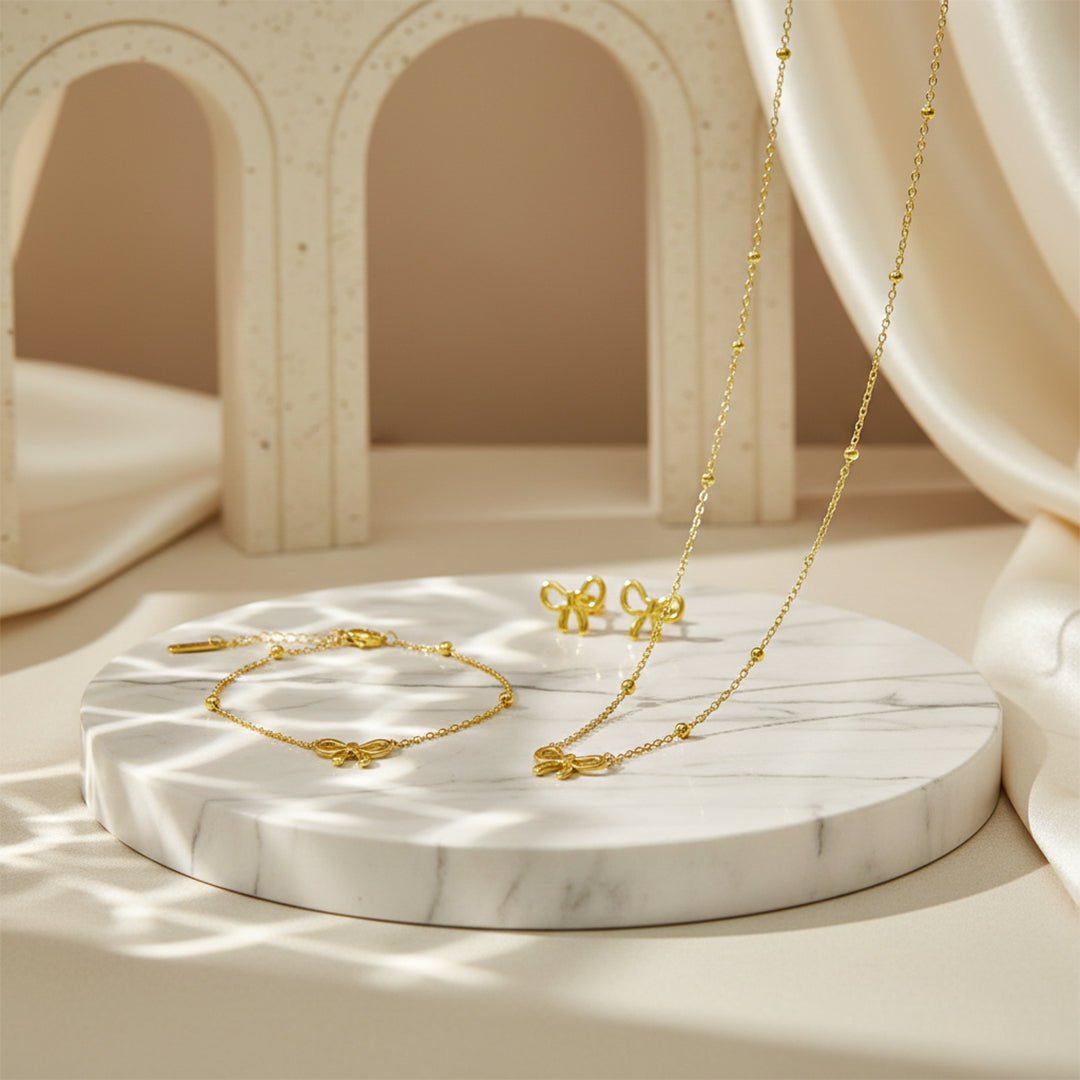 Gold Bow Jewelry Set | 3 - Piece Ribbon Bundle - Iryzo