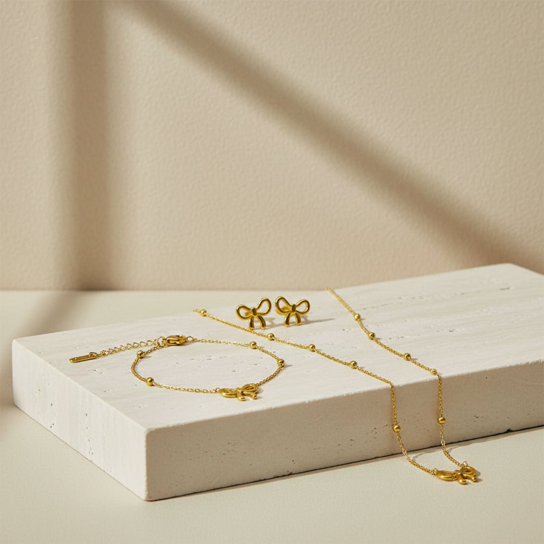 Gold Bow Jewelry Set | 3 - Piece Ribbon Bundle - Iryzo