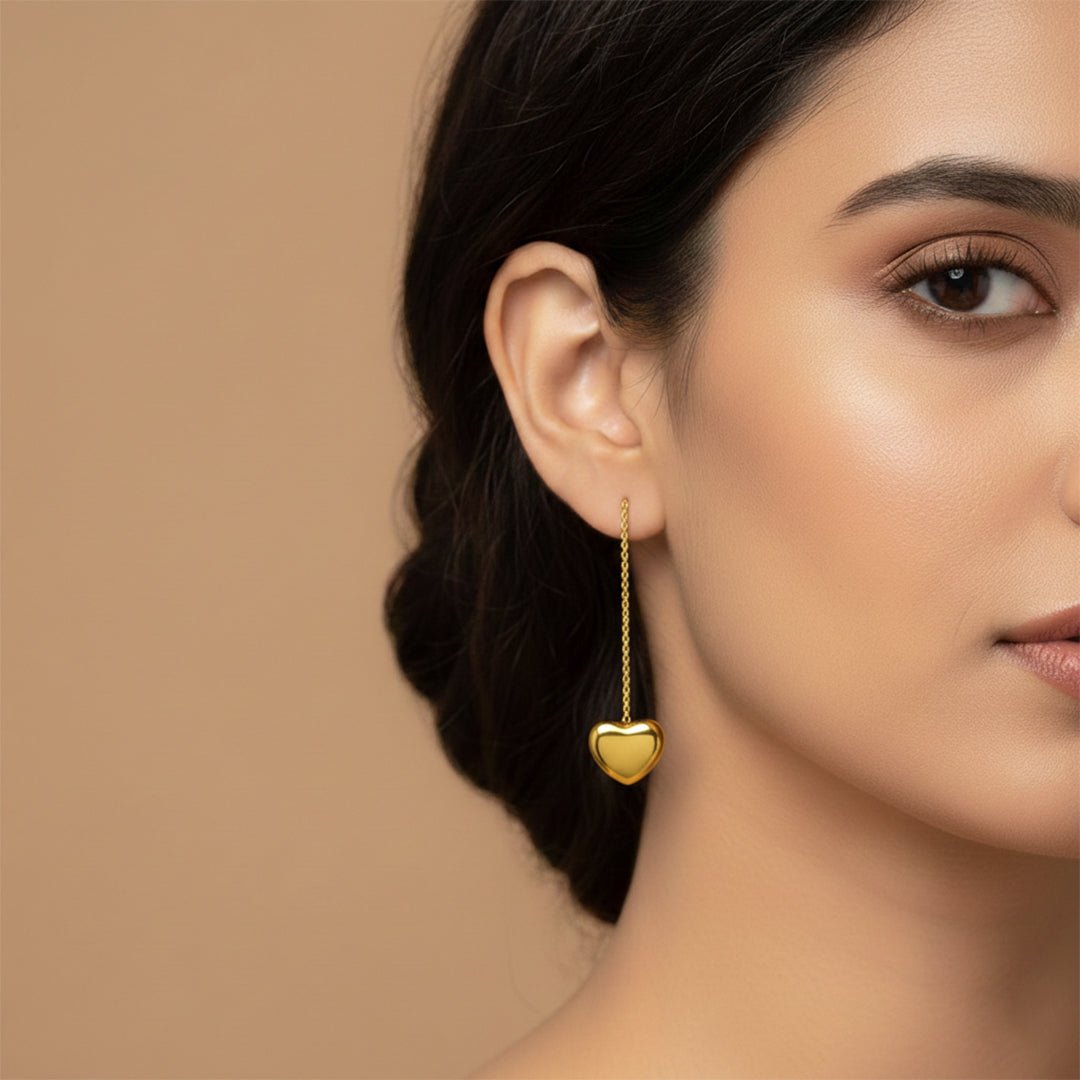 Gold Heart Drop Earrings | Long Chain Dangle - Iryzo