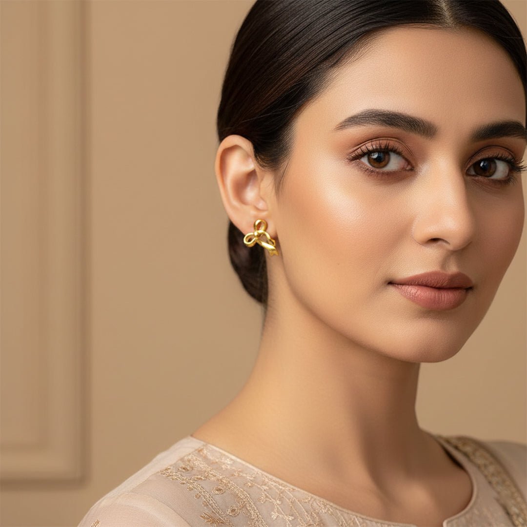 Gold Ribbon Bow Earrings | Coquette Style Studs - Iryzo