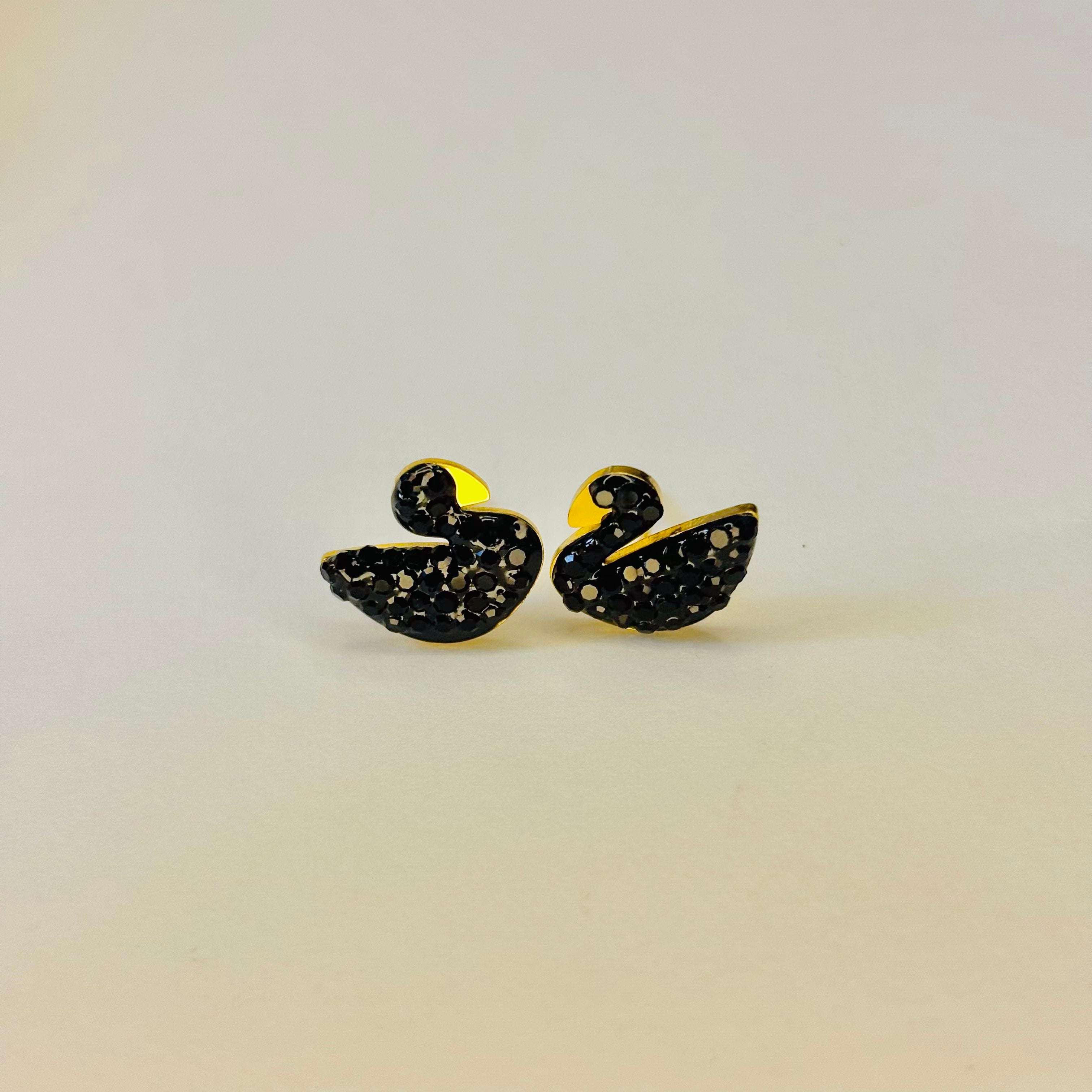 Elegant Black Swan Stud Earrings with Pave Crystals