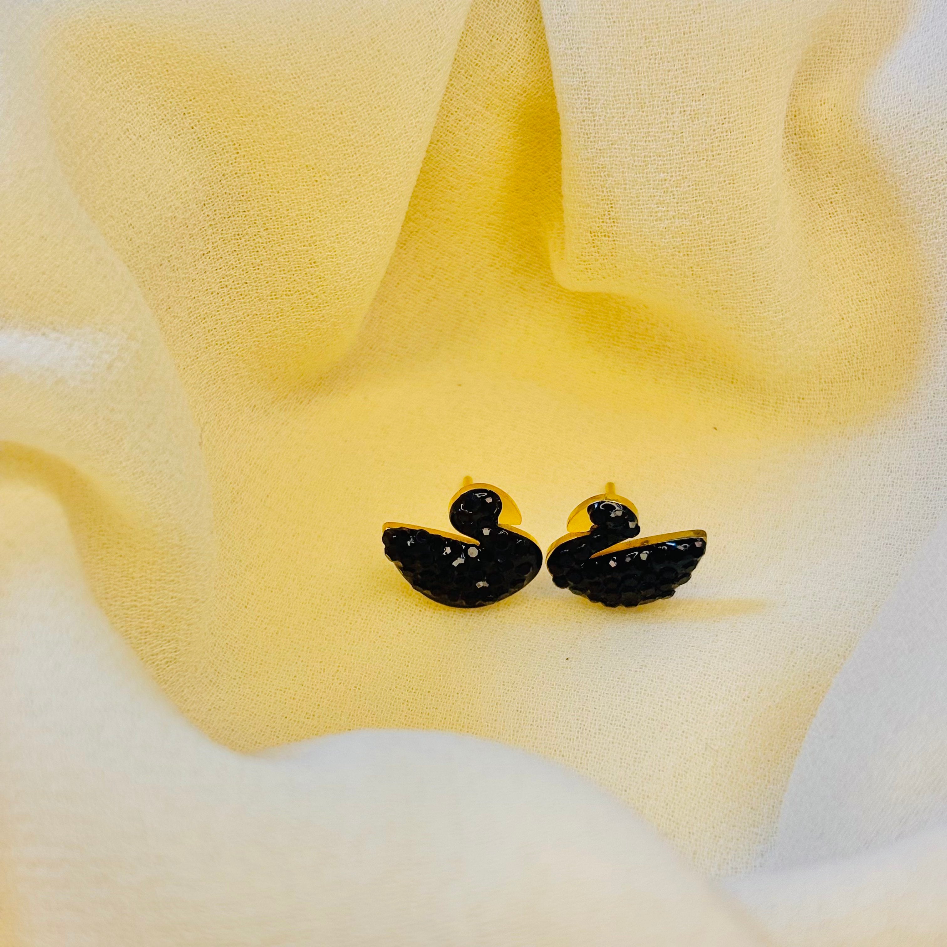 Elegant Black Swan Stud Earrings with Pave Crystals