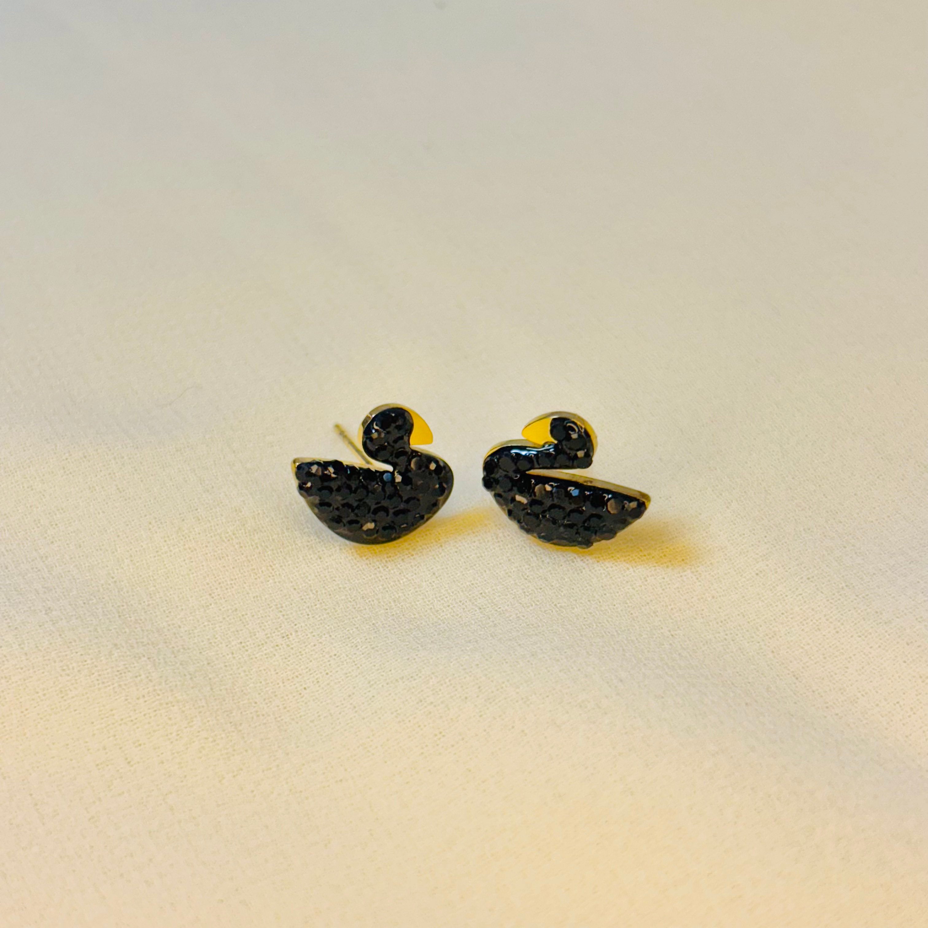Elegant Black Swan Stud Earrings with Pave Crystals