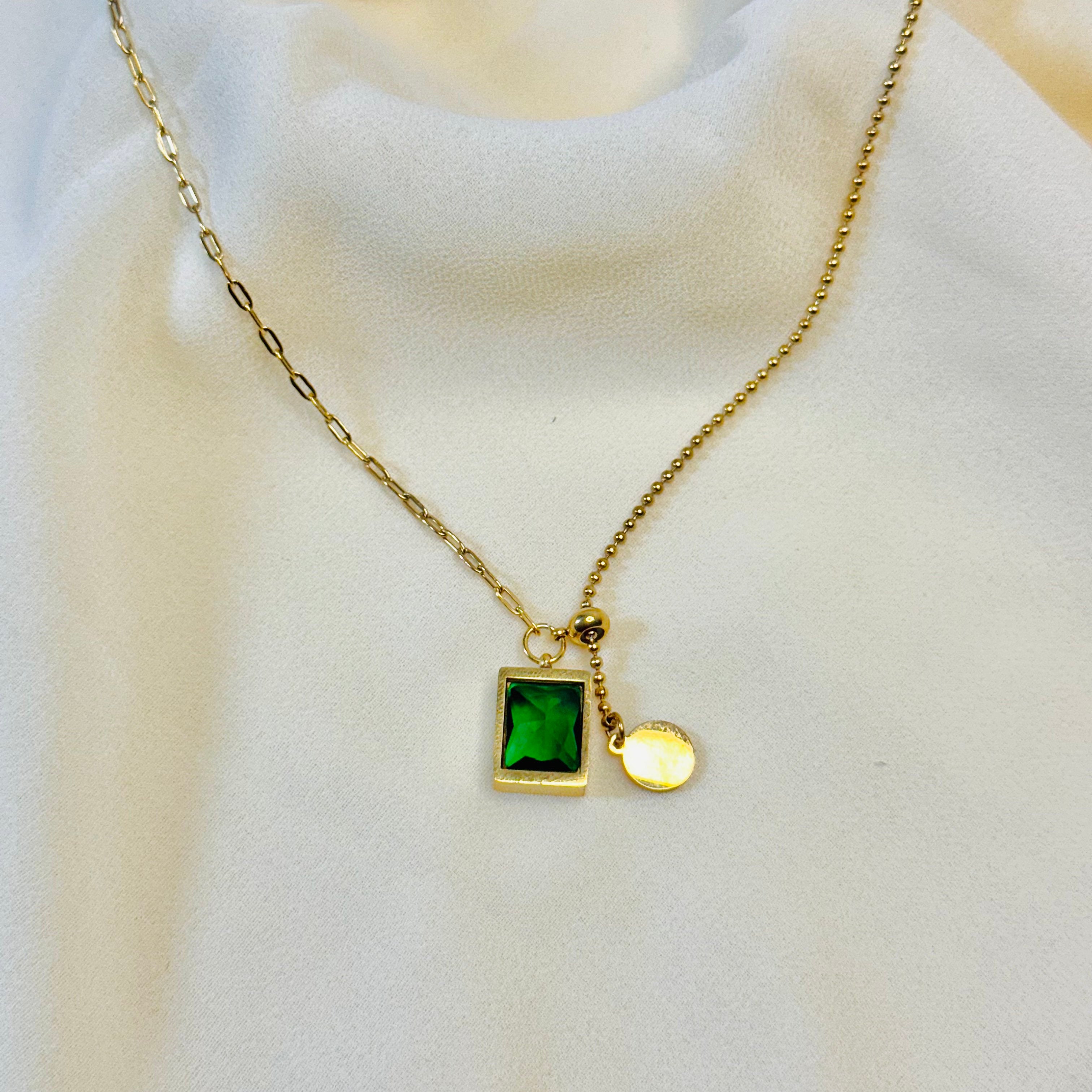 Elegant Golden Clover Necklace with Green Stone Inlay