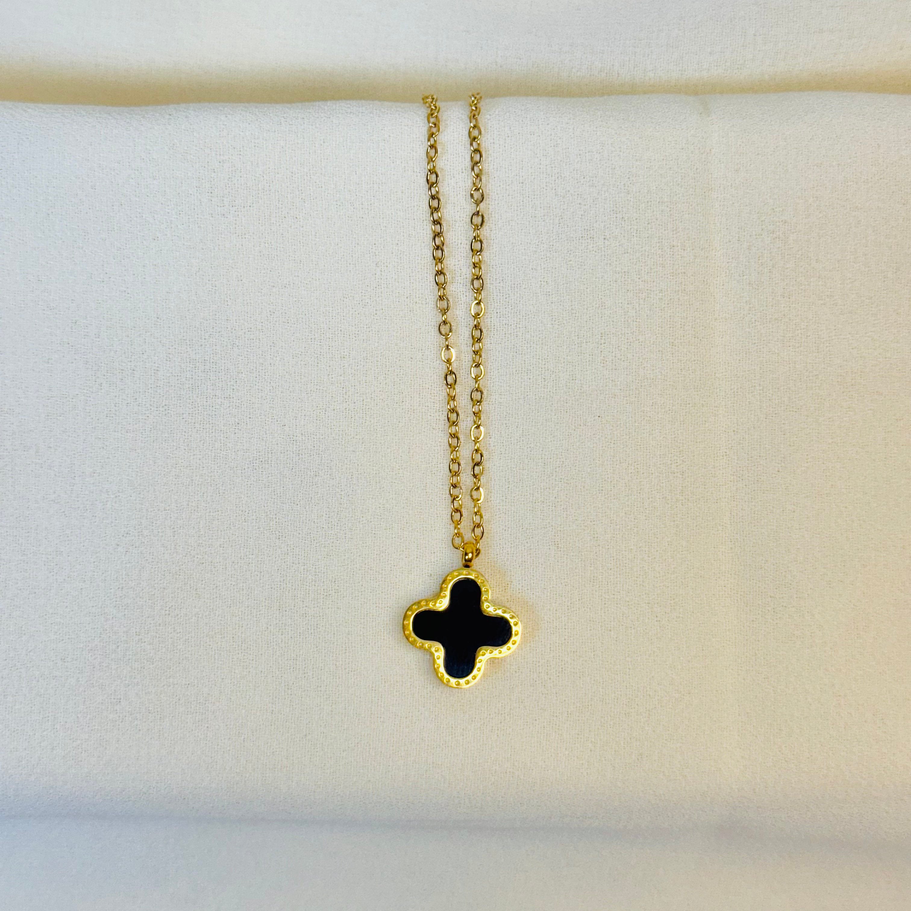 Elegant Golden Clover Necklace with Black Inlay