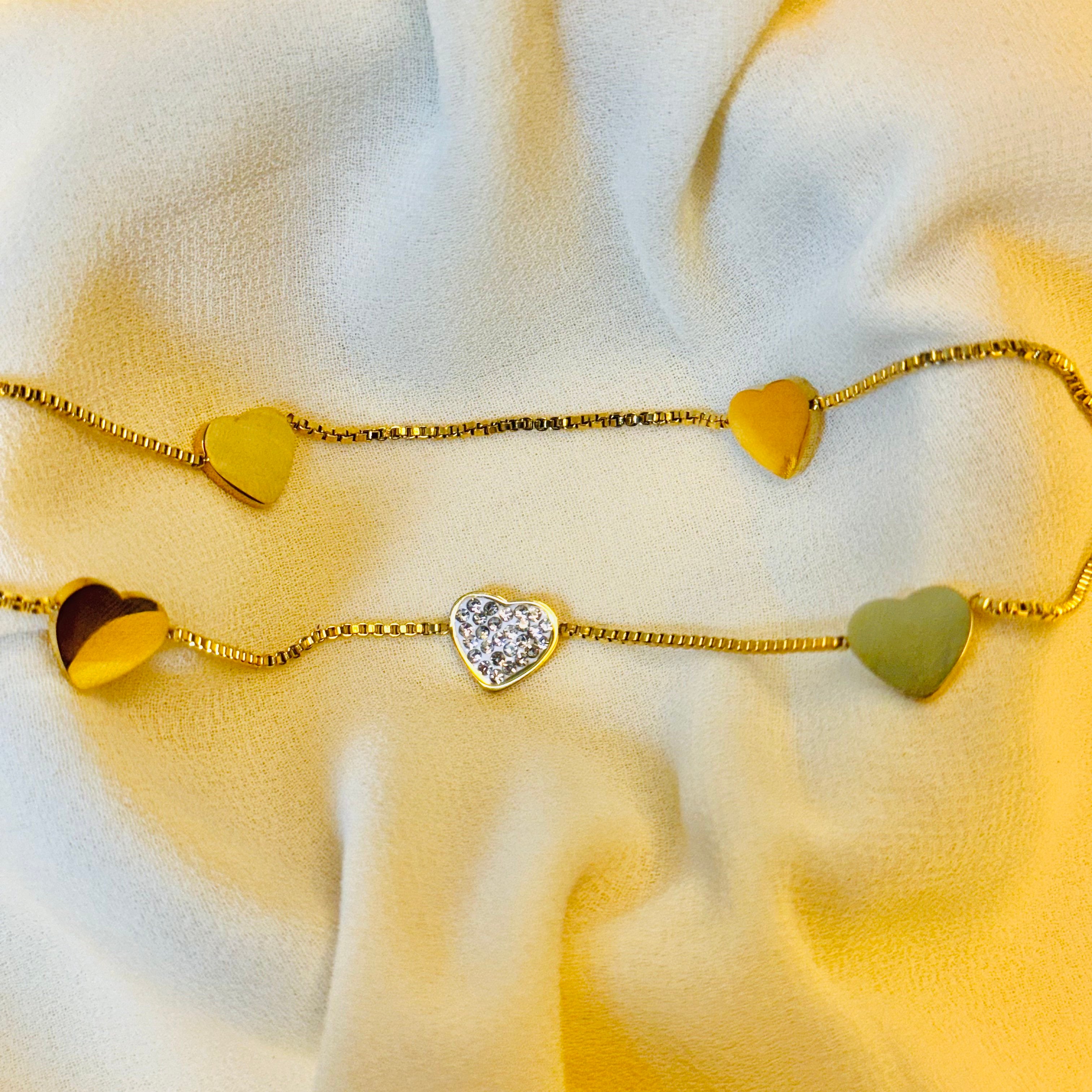 Dainty Golden Heart Charm Bracelet with Pave Crystal Accent