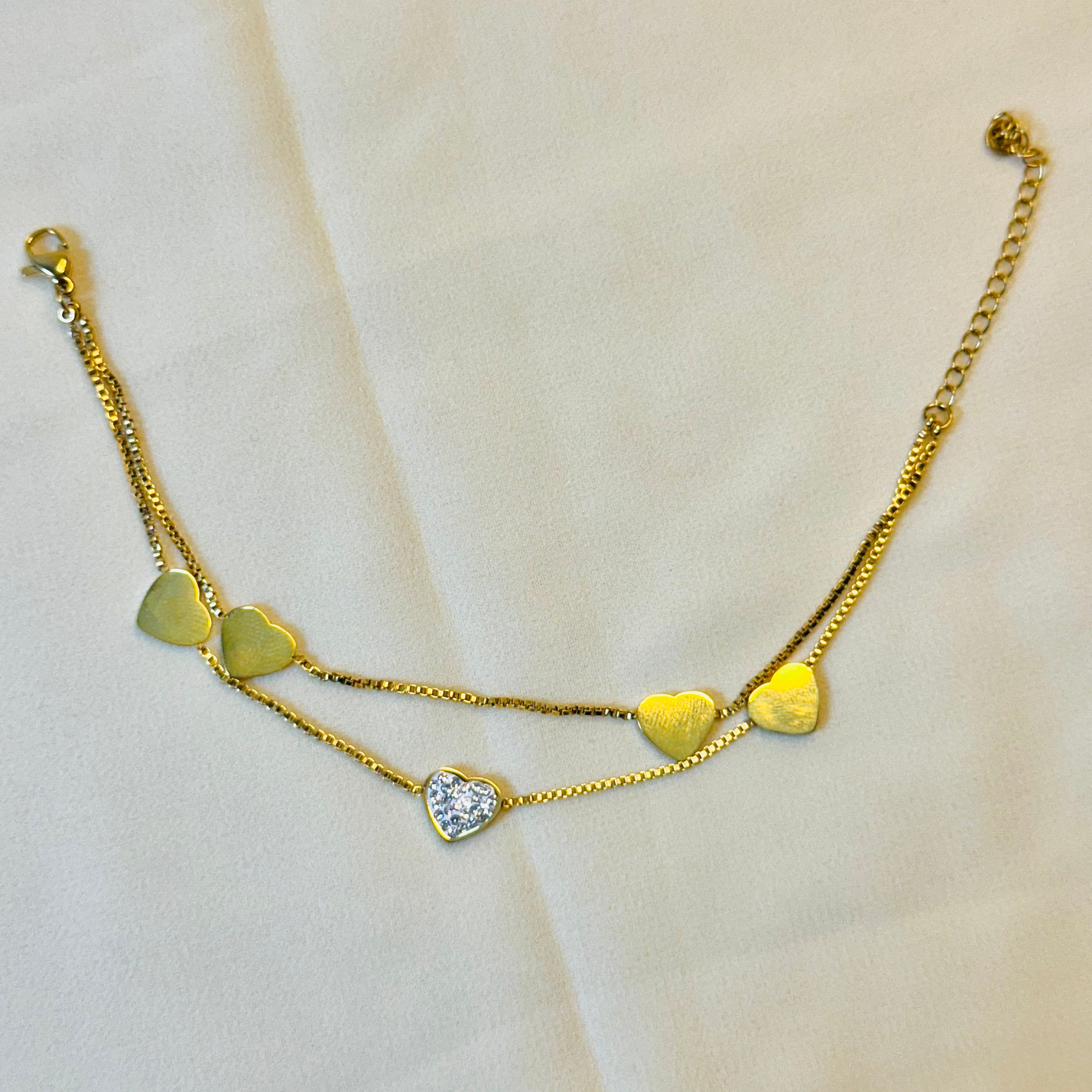 Dainty Golden Heart Charm Bracelet with Pave Crystal Accent