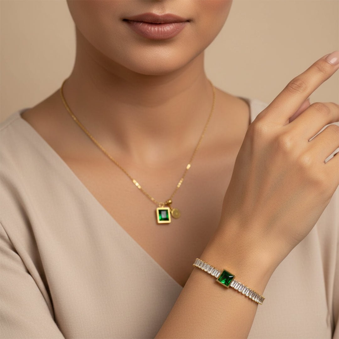 Emerald Green Jewelry Set Necklace Tennis Bracelet Combo Iryzo Pakistan