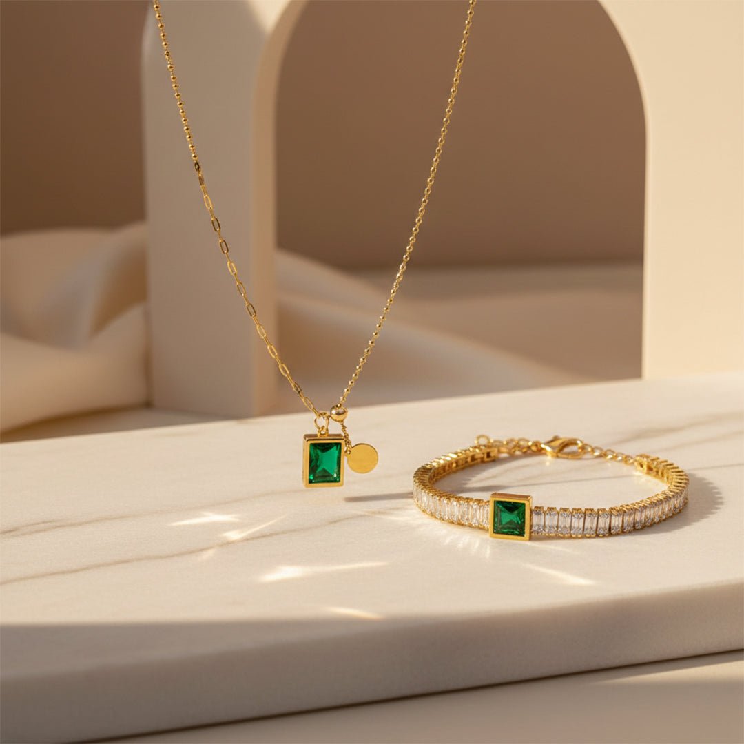 Emerald Green Jewelry Set Necklace Tennis Bracelet Combo Iryzo Pakistan