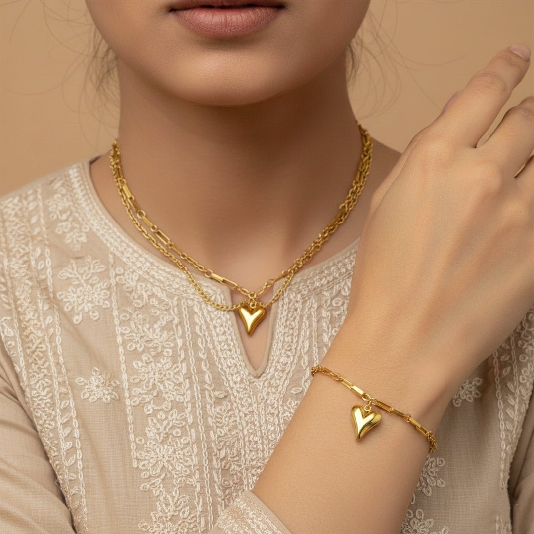 Gold Heart Layered Set Puffy Heart Necklace Bracelet Combo Iryzo Pakistan