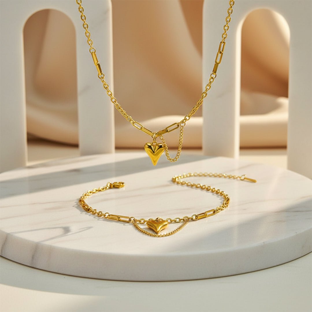 Gold Heart Layered Set Puffy Heart Necklace Bracelet Combo Iryzo Pakistan