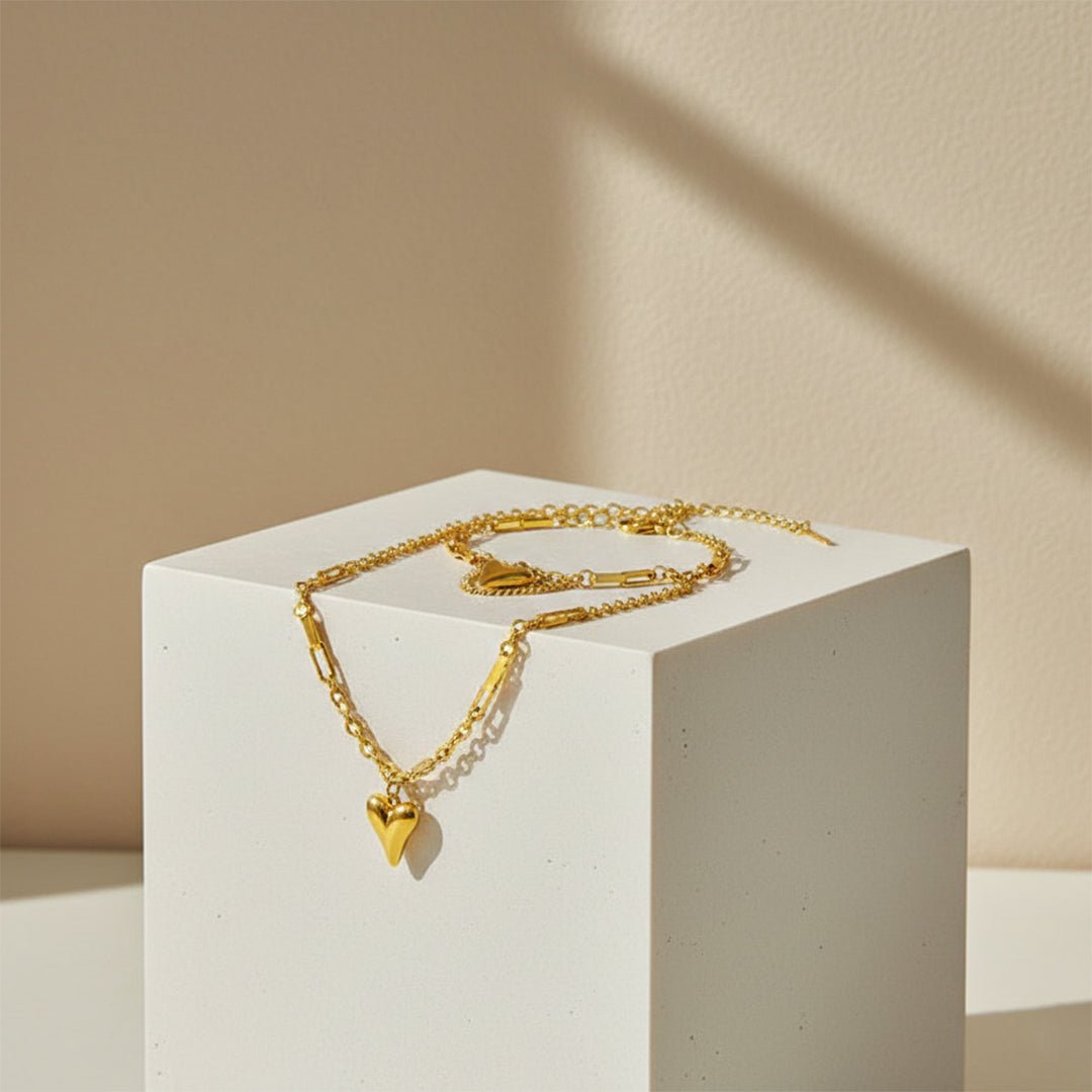 Gold Heart Layered Set Puffy Heart Necklace Bracelet Combo Iryzo Pakistan