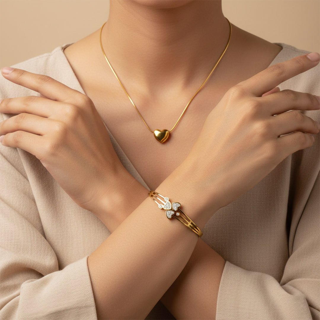 Gold Heart Necklace Bangle Set Snake Chain Crystal Cuff Iryzo Pakistan