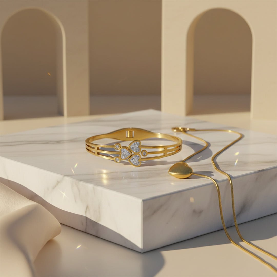 Gold Heart Necklace Bangle Set Snake Chain Crystal Cuff Iryzo Pakistan