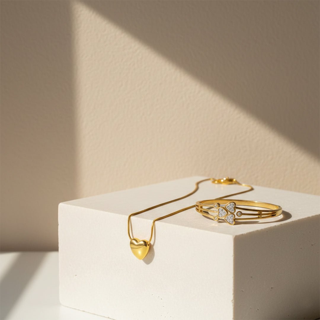 Gold Heart Necklace Bangle Set Snake Chain Crystal Cuff Iryzo Pakistan