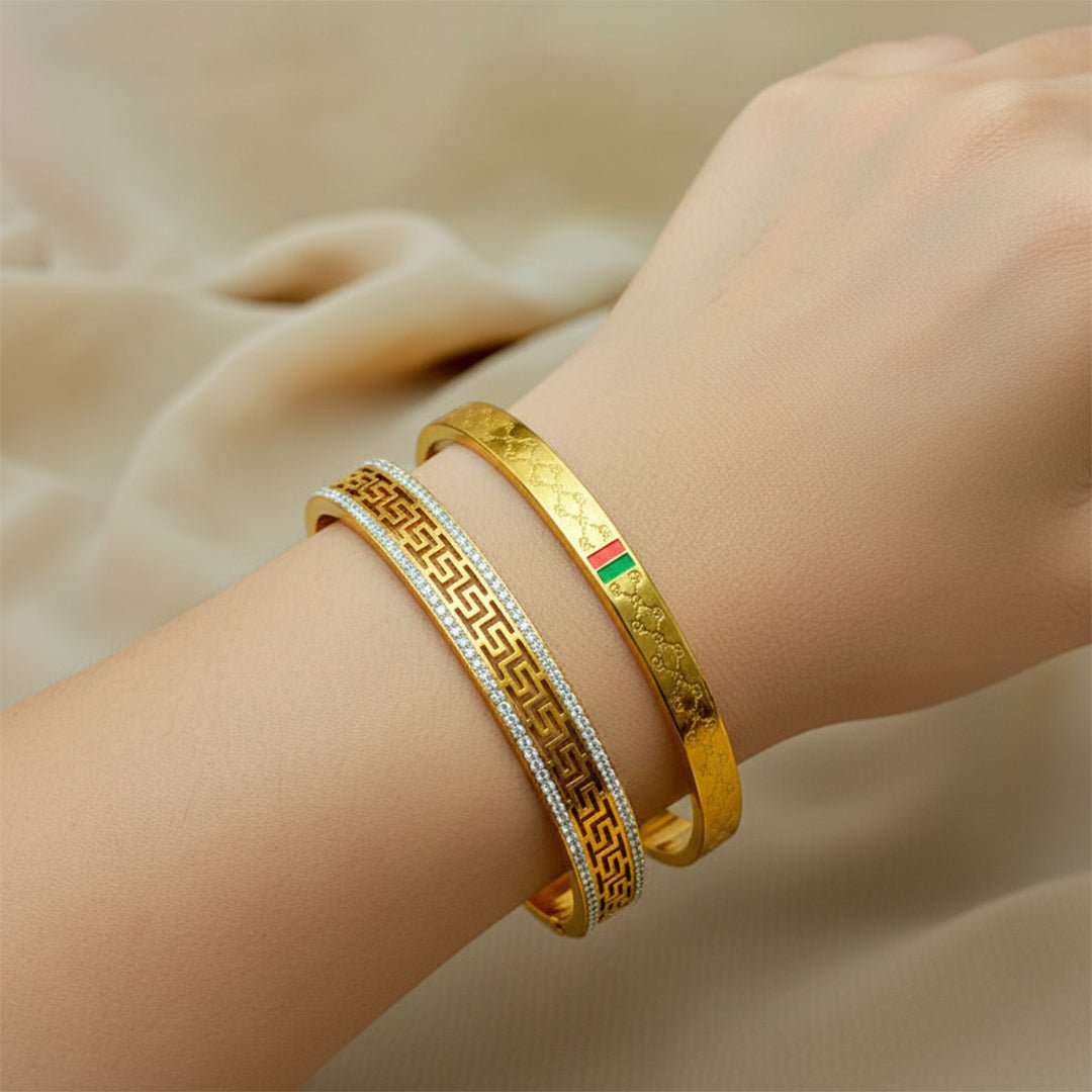 Gold Designer Style Bangle Set Greek Key Enamel Combo Iryzo Pakistan