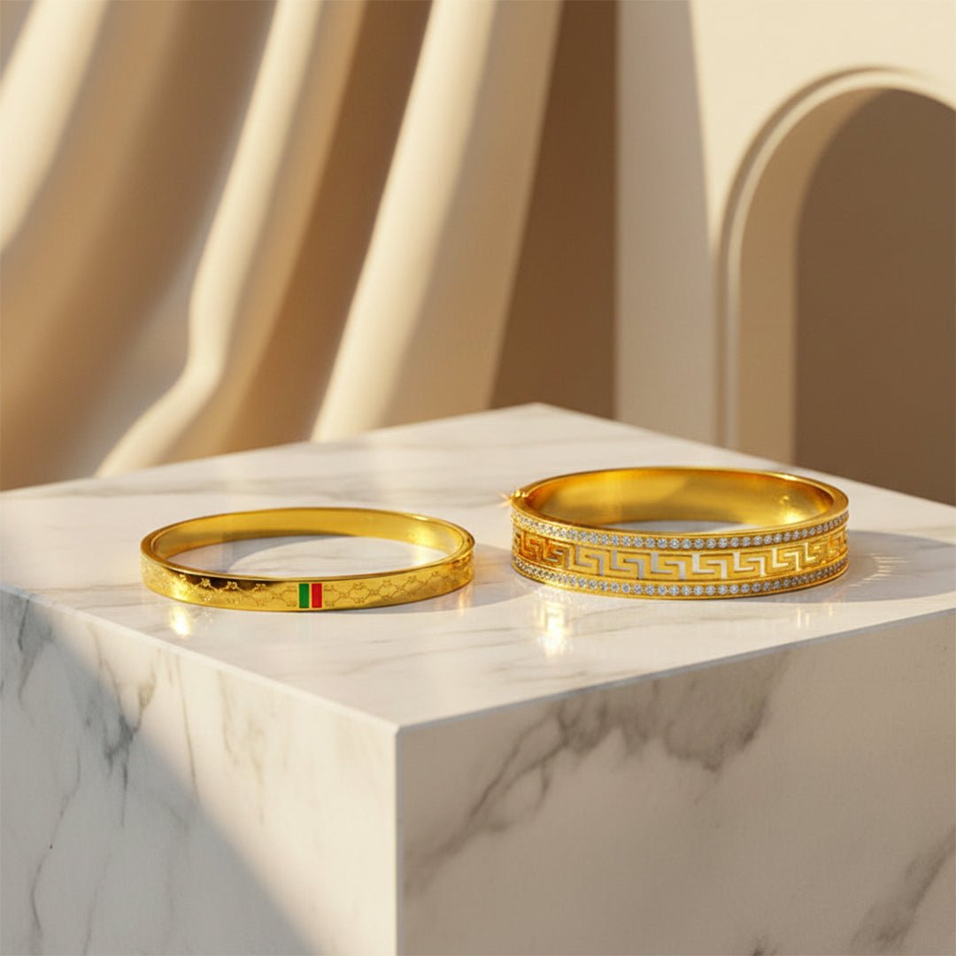 Gold Designer Style Bangle Set Greek Key Enamel Combo Iryzo Pakistan