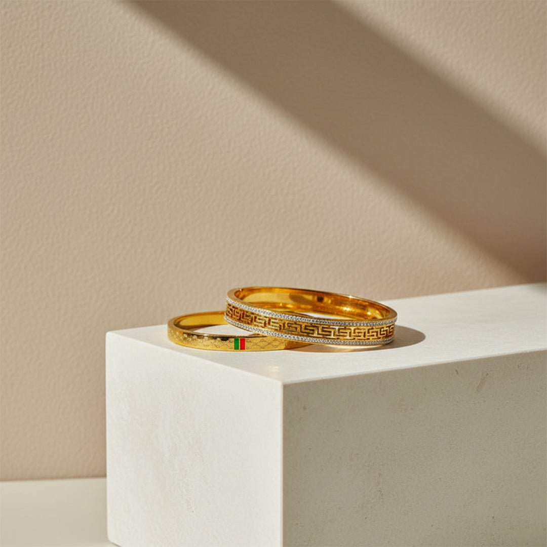 Gold Designer Style Bangle Set Greek Key Enamel Combo Iryzo Pakistan